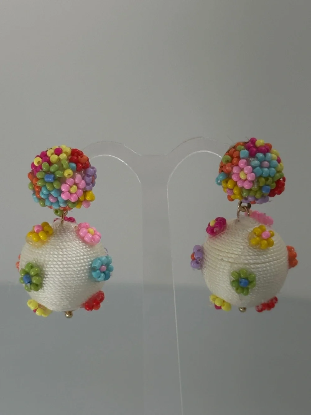 Colorful White Beaded Floral Drop Earrings
